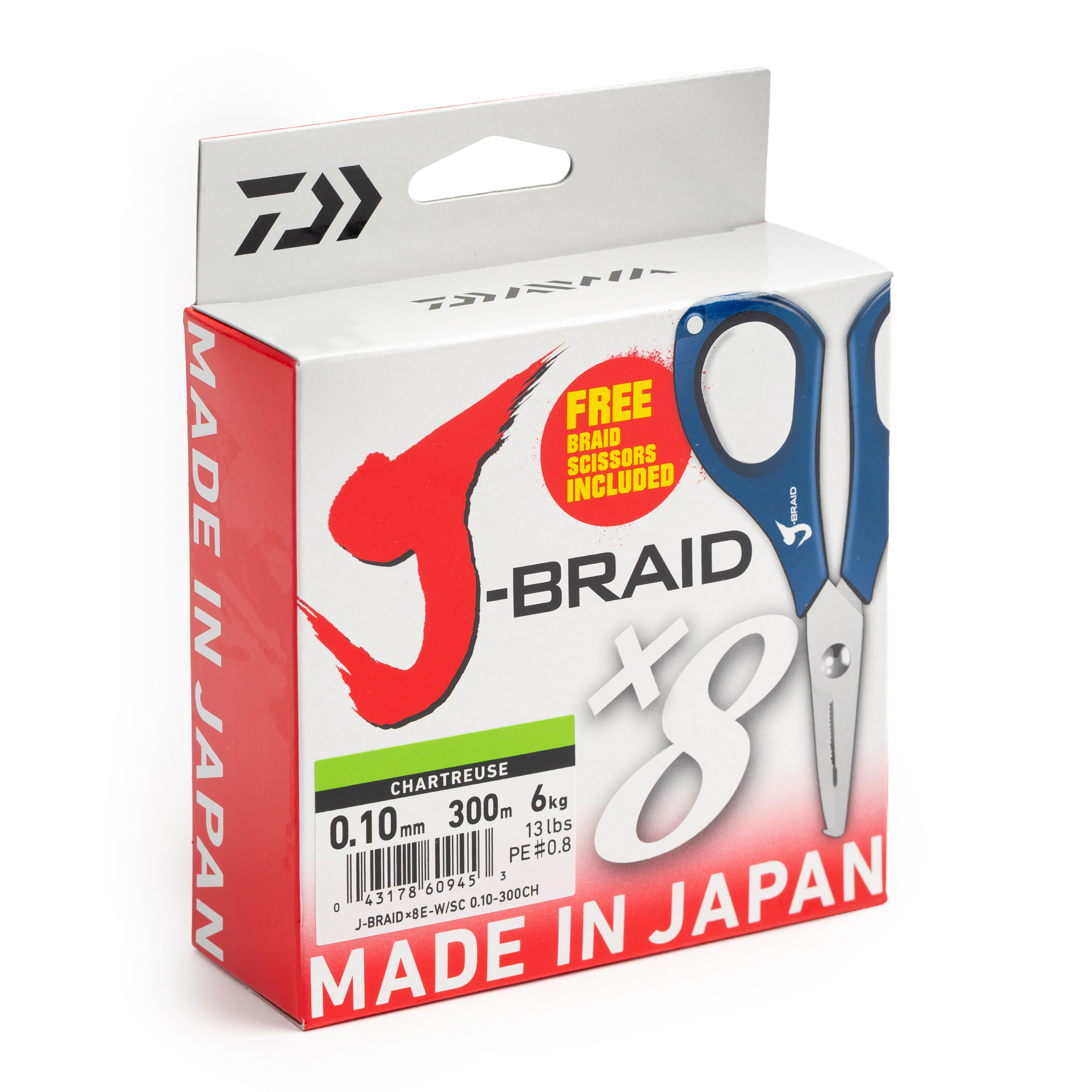 Шнур плетеный Daiwa J-Braid x8 + ножницы, 300 м, светло-зелёный (0,10 мм, 6 кг)